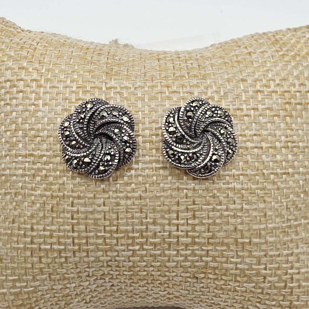 Sterling Silver 925 Marcasite Swirl Stud Earrings Art Deco Style Vintage